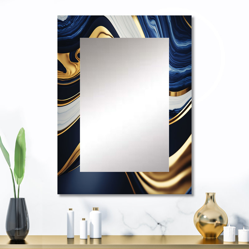 Abstrait géométrique vagues bleues et dorées V - miroir mural abstrait, miroir décoratif bleu, impression d'art en métal