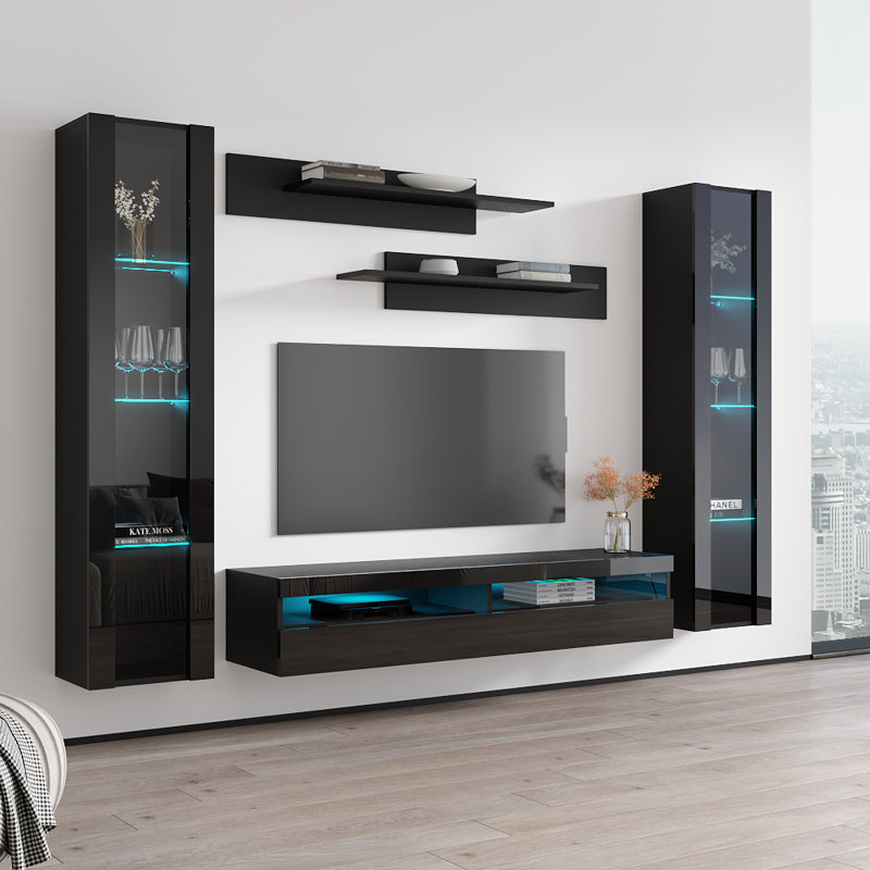 100" Modern Floating Wall Mounted Entertainment Center with 16-Color LED Lighting, High Gloss Finish, Black