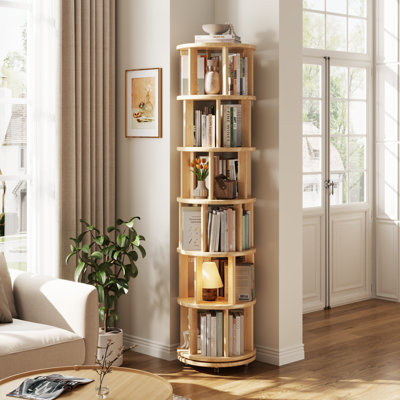 360° Rotating Solid Wood Bookshelf, Equipped with Brake Wheels, Allowing for Flexible Adjustment