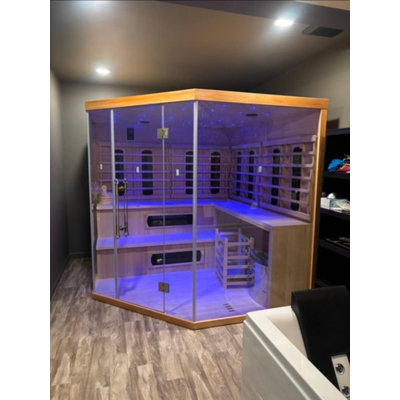 Hylivesaunas 5-6 Person Hybrid Corner Home Wood Sauna, WiFi Indoor Full Spectrum & Traditional Canadian Hemlock Steam Saunas Spa with Red Light Therapy, 11 Heating Elements & Electric Stove (0-195℉)