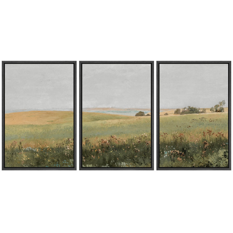 «Tranquil Meadow, scène pastorale chaleureuse, palette de couleurs discrètes, décor de nature sauvage», 3 pièces, Cadre noir