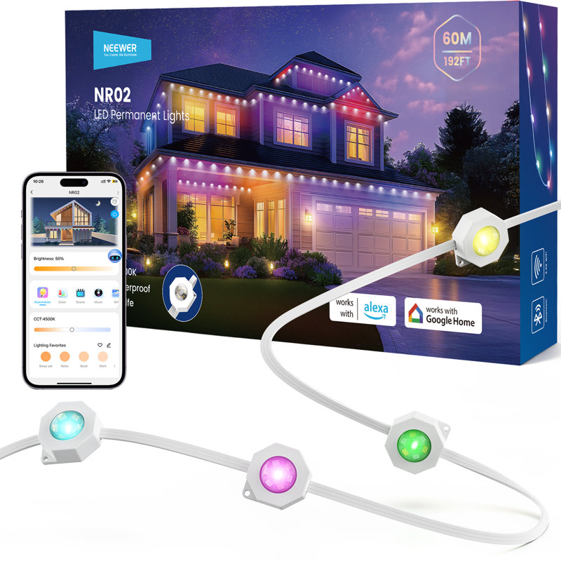 196ft Permanent Outdoor Lights for House Decor, Smart AI RGBCW Outside Eaves String Christmas Lighting with 120 LED Lights App Control 53 Scenes IP67 Waterproof, Compatible with Alexa, NR02