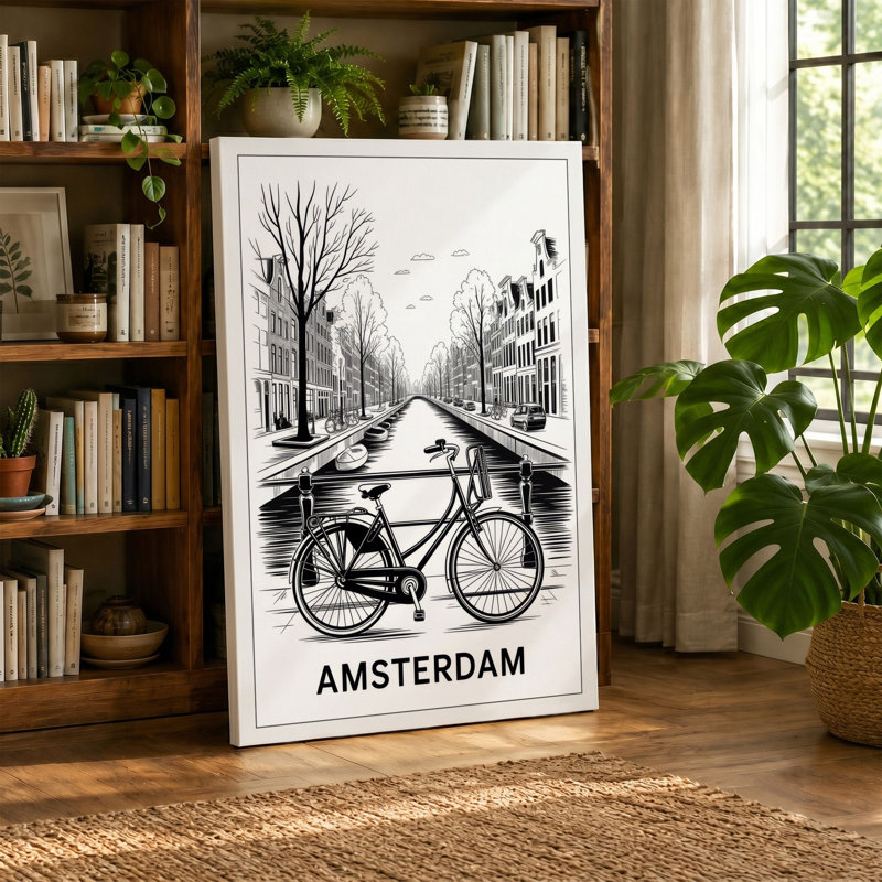 Bicycle on Amsterdam Canal Minimalist - Wrapped Canvas, 30x20 - 76.2 x 50.8 cm, Teal Border