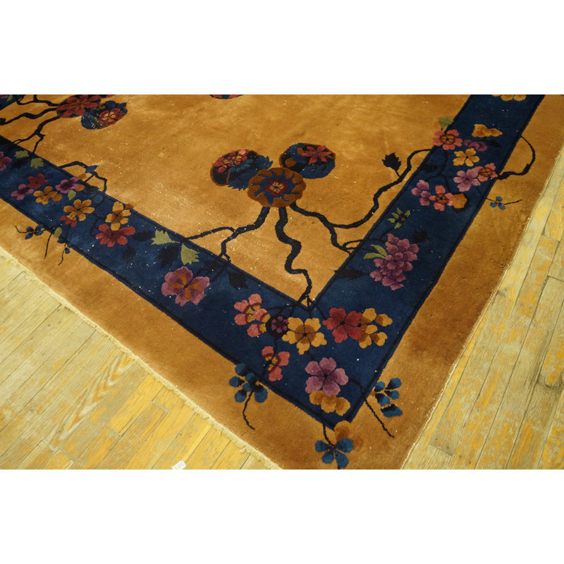 Antique Art Deco Room Size Wool Blue, Yellow / Gold / Orange Rug
