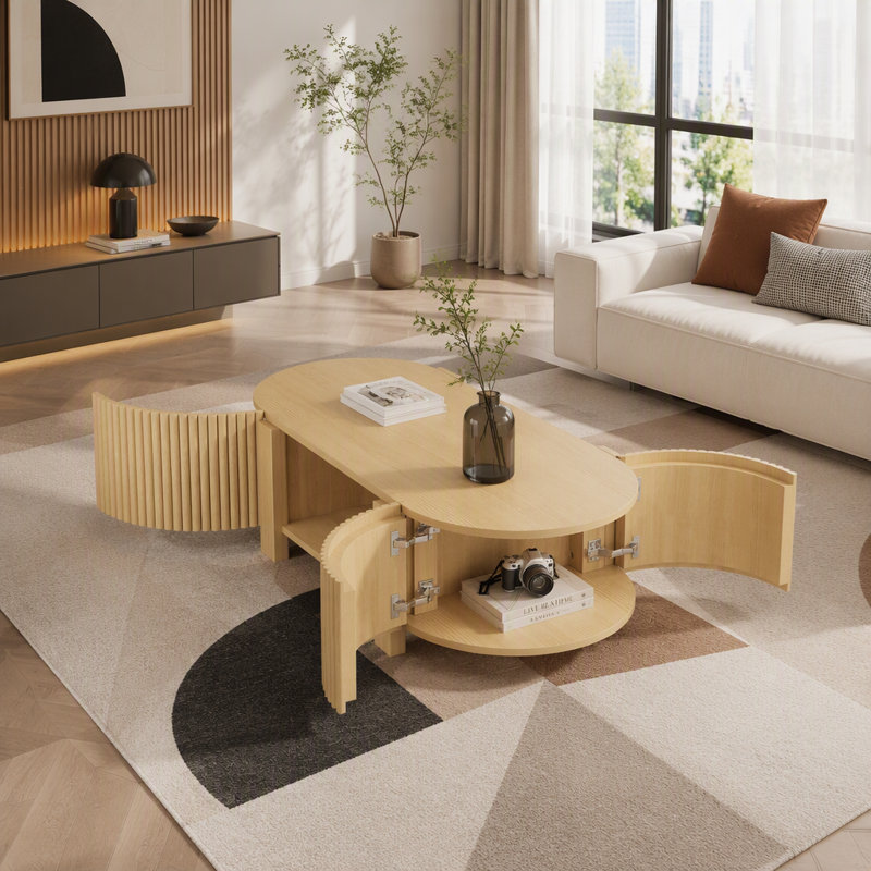 Table basse 47 "ovale cannelée avec tablette de rangement et 2 portes ouvertes, table d'appoint en bois d'hévéa massif pour salon moderne