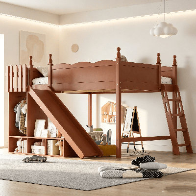 Kids Loft Bed, Loft Bed with Full Guardrail Multi Storage Shelves and Wardrobe, Solid Wood Loft Beds with Detachable Slide and Ladders, No Spring Box Needed, Toddler High Loft Bed for Children Playroom Small Bedroom