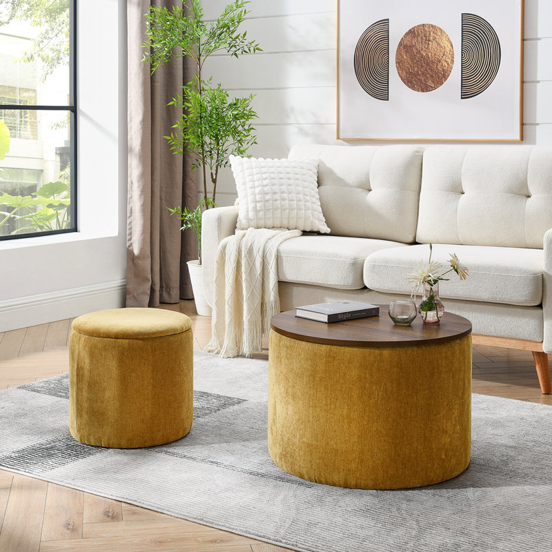 Round Storage Coffee Table 2-Piece, Dark Yellow