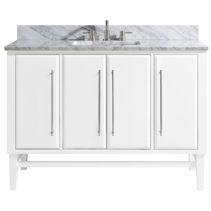 Mason 48" Single Bathroom Vanity with Carrara Marble Top, Carrara White, White, Brushed Silver