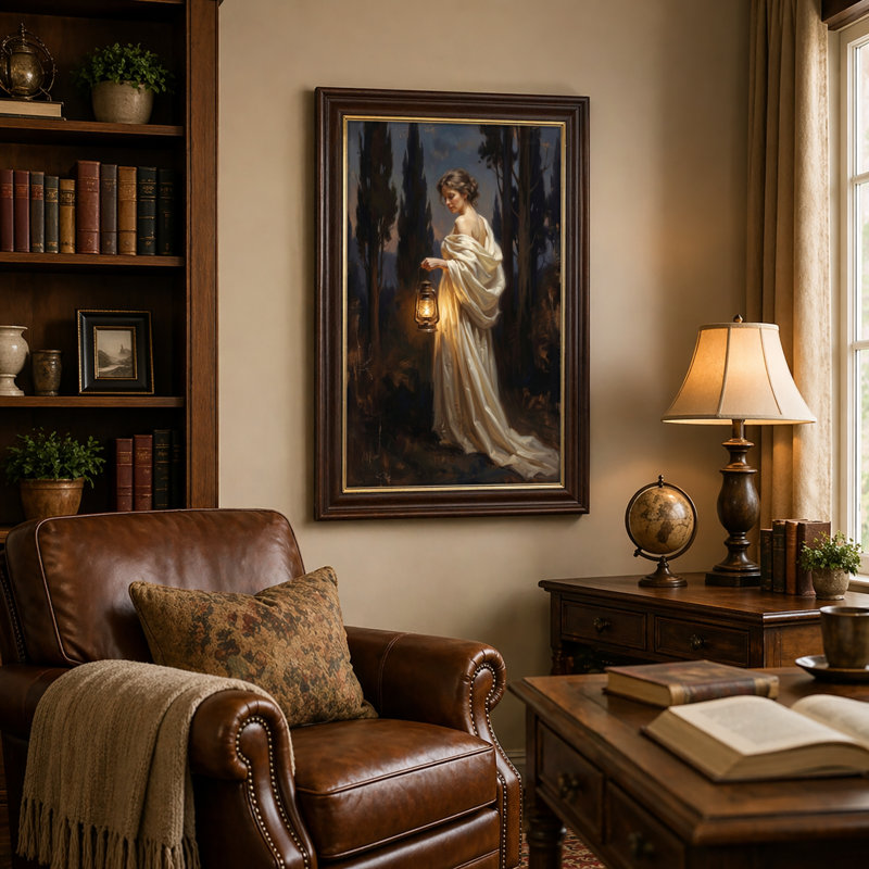 Art mural antique sur toile encadré doré pour le salon, la chambre à coucher, le bureau ou le vestibule - Décoration murale décorative avec lanterne