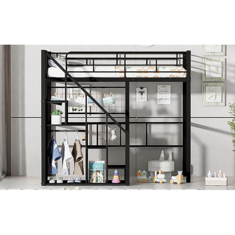 Lit mezzanine simple en métal avec escalier de rangement et petite armoire, Noir