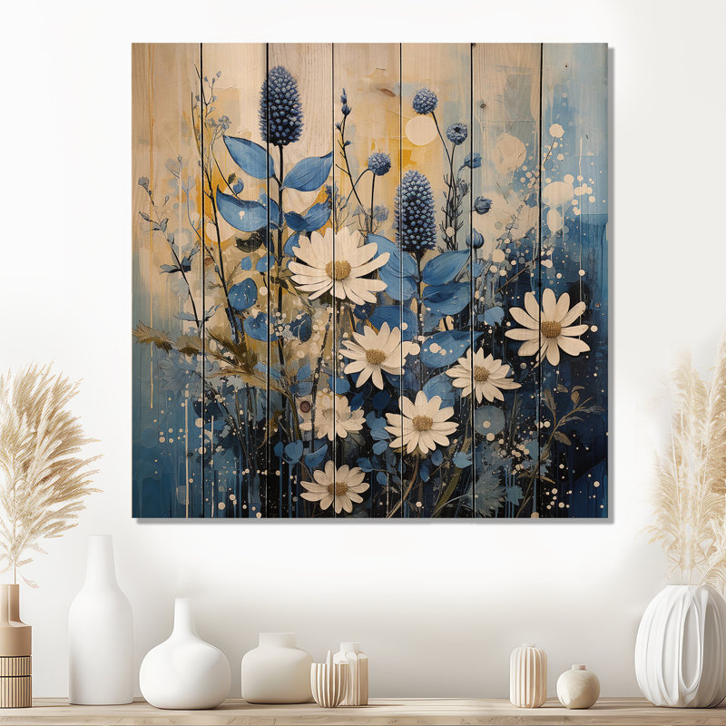 Blue Bonnets, fleurs blanches I - Blue Bonnets, art mural sur bois de pin naturel, H 15 po x l 15 po