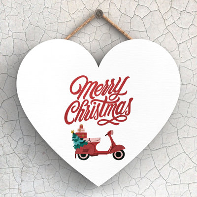 Xmas Merry Christmas Scooter Wooden Heart Plaque