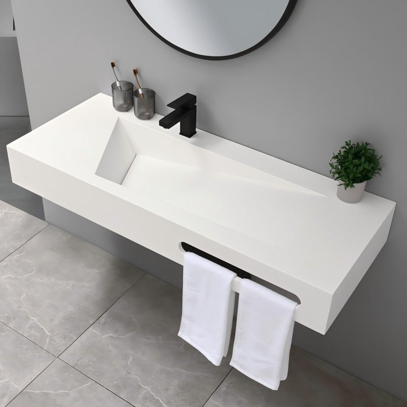 40" Stone Resin Wall-Mounted Floating Bathroom Sink with Rectangular Basin, 40" L x 19" W, Single Layers