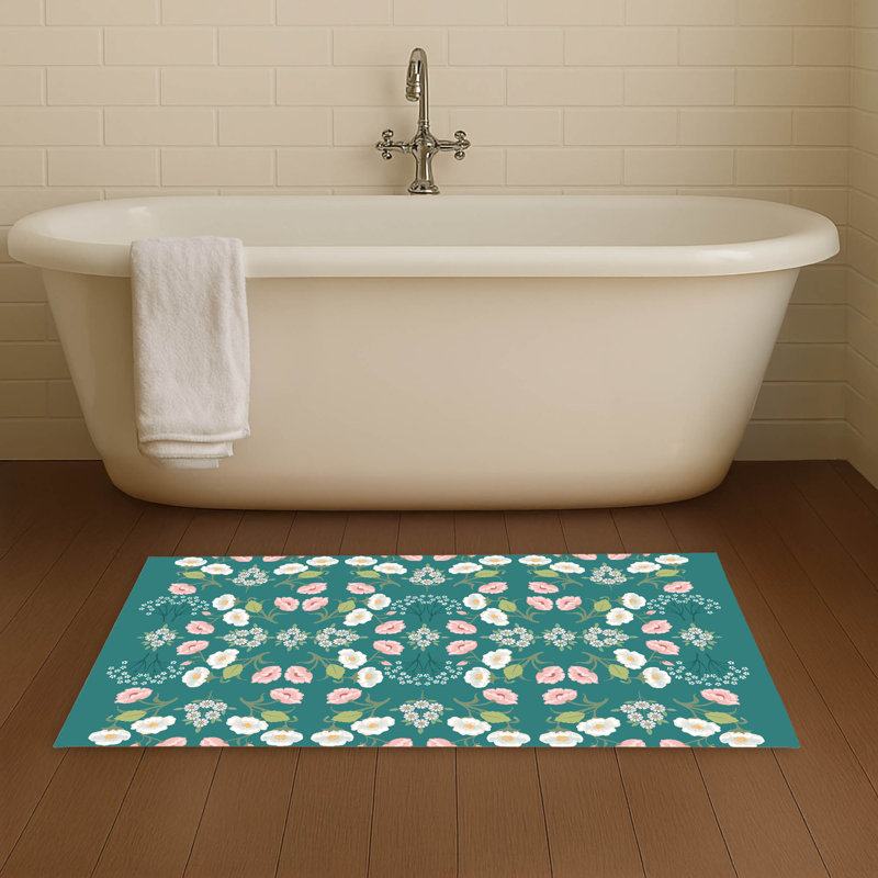 May flowers Non-Skid Bath Mat, 24" L x 17" W, Teal