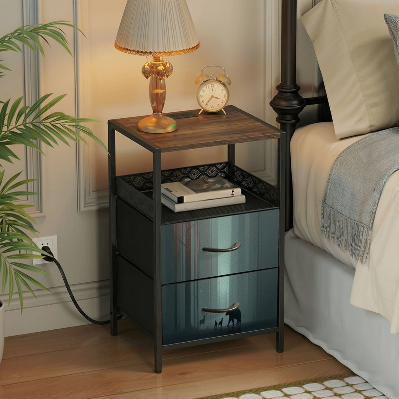 Table de chevet 2 tiroirs avec station de charge, table de chevet pour chambre à coucher avec ports USB, tablette ouverte noire, table de chevet avec ourson horizontal transparent