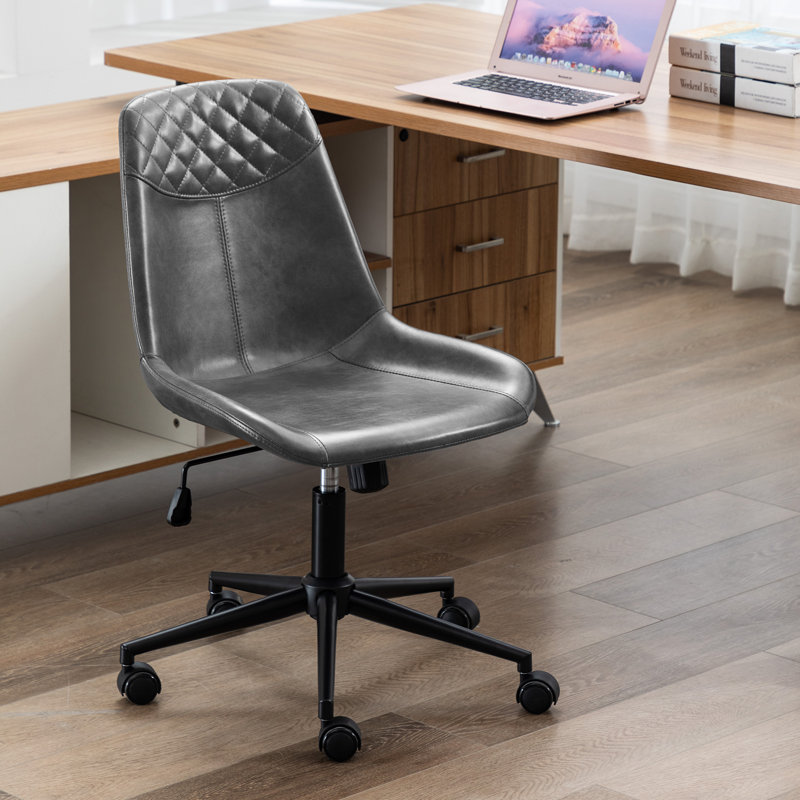 Keavey 23" Wide Leather Mid Back Mid-Century Modern Office Chair , Gray, Black