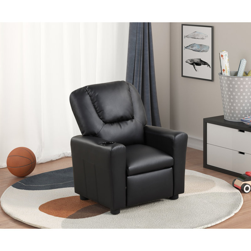 Bianco Kids Recliner Chair with Cupholder PU Leather, Black