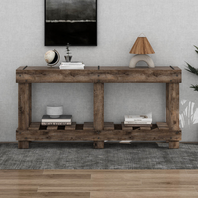 Vintage Entryway Table - Fir Solid Wood With Natural Grain, Metal Rivet Decor & Plank Under-Shelf, Natural