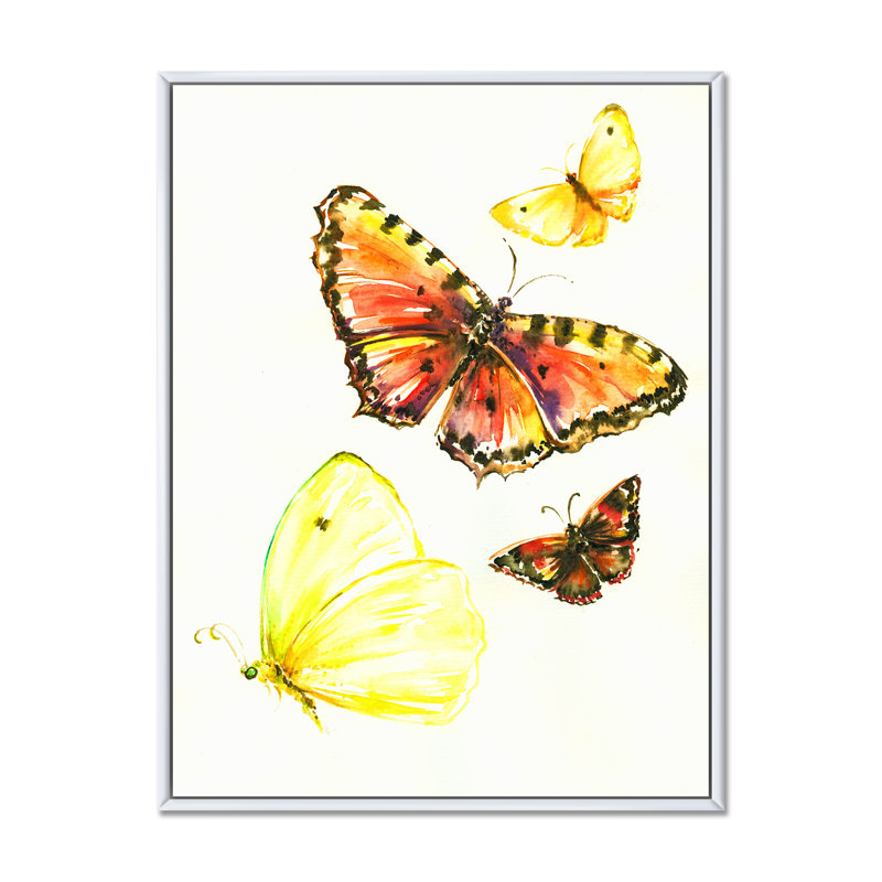 Illustration de magnifiques papillons jaunes sur toile, H 32 po x l 16 po x P 1 po, Cadre flottant blanc