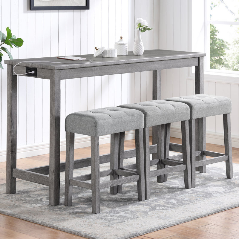 Multifunctional Wooden 4 Piece Bar Table Set With Power Outlet, 1 Bar Table And 3 Chairs Set, Dining Table Set, Industrial Breakfast Table Set
