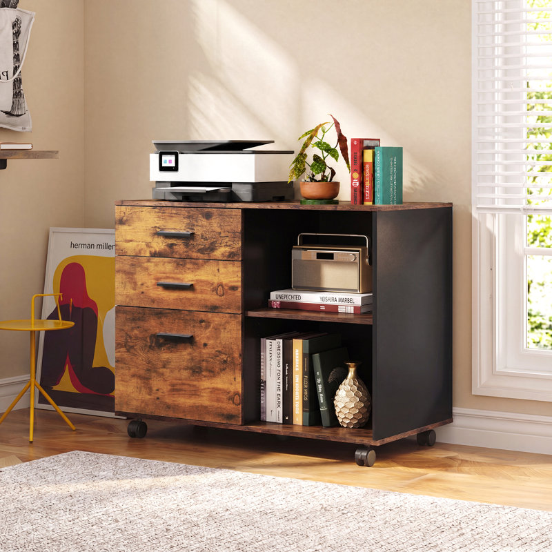 Classeur à 3 tiroirs en bois avec tablettes Corwynn, Brun rustique