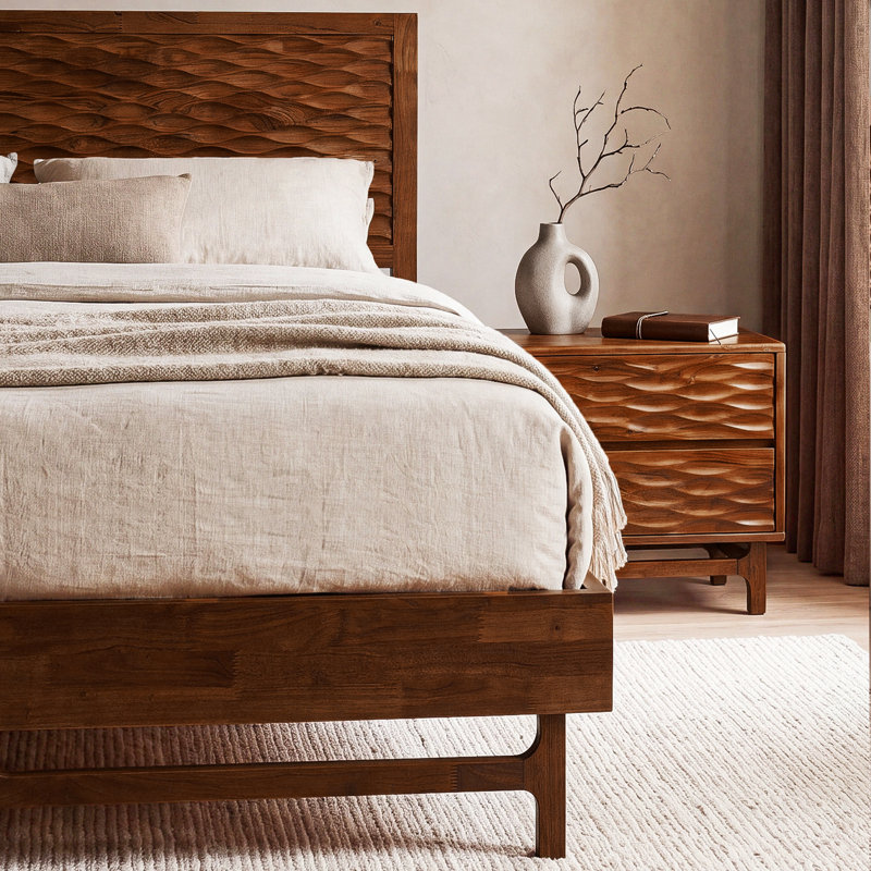 King Premium Solid Wood Platform Bed Frame Walnut Finish with Sculpted Spearhead Headboard – Mid-Century Modern Style, 800lbs Capacity, All Mattress Support, No Box Spring Needed