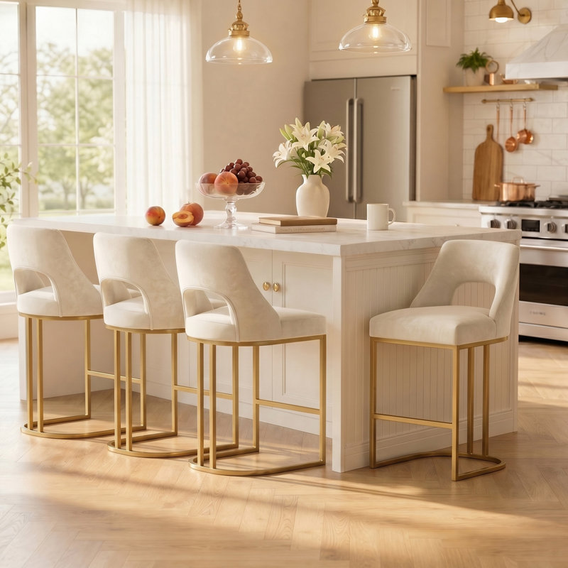 Tabouret de bar moderne à hauteur de comptoir 26,7 po avec structure en métal, White, Gold