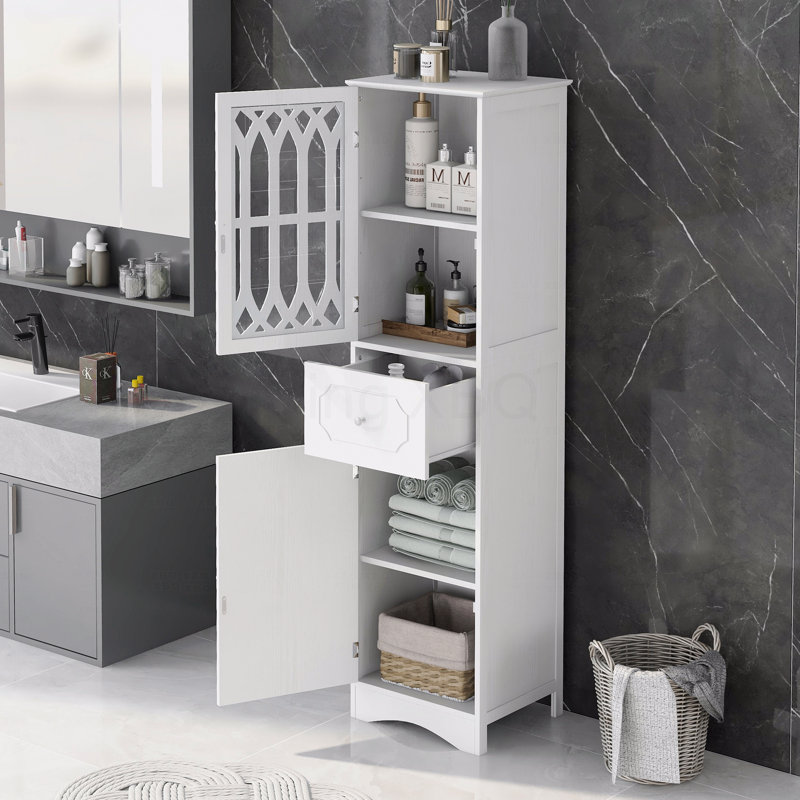 Grande armoire de salle de bain, armoire de rangement autoportante avec tiroir et portes, panneau de fibres à densité moyenne, porte en acrylique, tablettes réglables