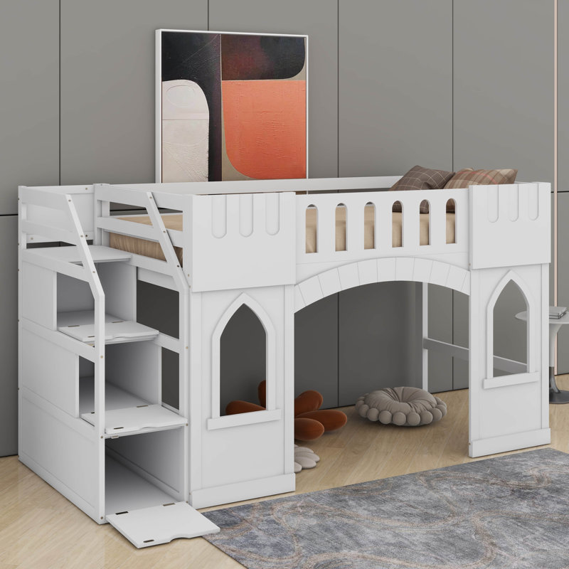 Twin Size Loft Bed With Window And Storage Staircase, White