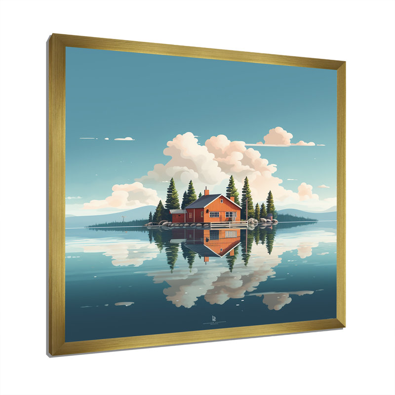 «Scenic Lake House Tranquility», reproduction sur toile, Cadre doré simple, H 30 po x l 30 po x P 1 po