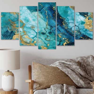 Turquoise de luxe abstrait fluide Art VII - impression abstraite d'art mural - 5 panneaux