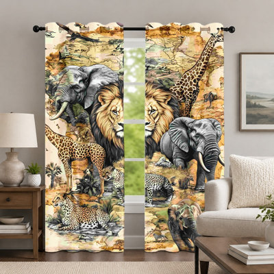 2Pcs Wild Animal Print Curtains, Safari Theme Nature Landscape Art Drapes, African Savanna Wildlife Pattern Grommet Window Panels for Bedroom Living Room Decor