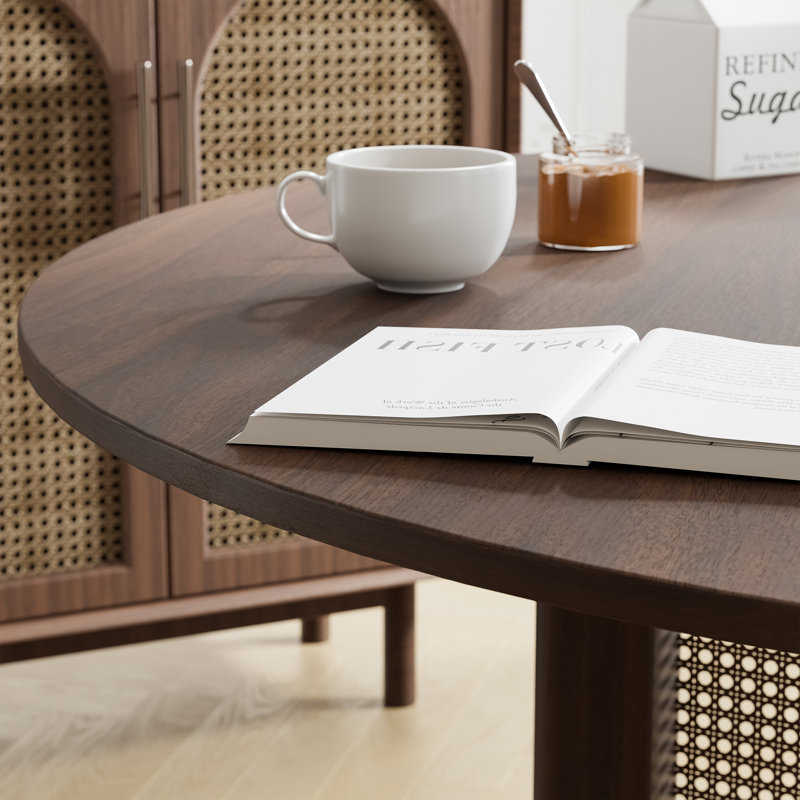 Table de salle à manger ronde en bois massif avec piédestal en rotin, H 30 po x L 46 po x l 46 po, Noyer