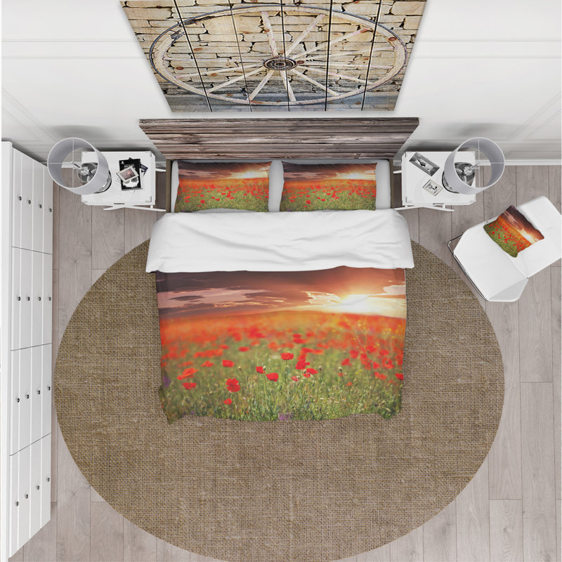 Wild Poppy Flowers At Cloudy Sunset - Ensemble de housse de couette floral - Polyester en microfibre