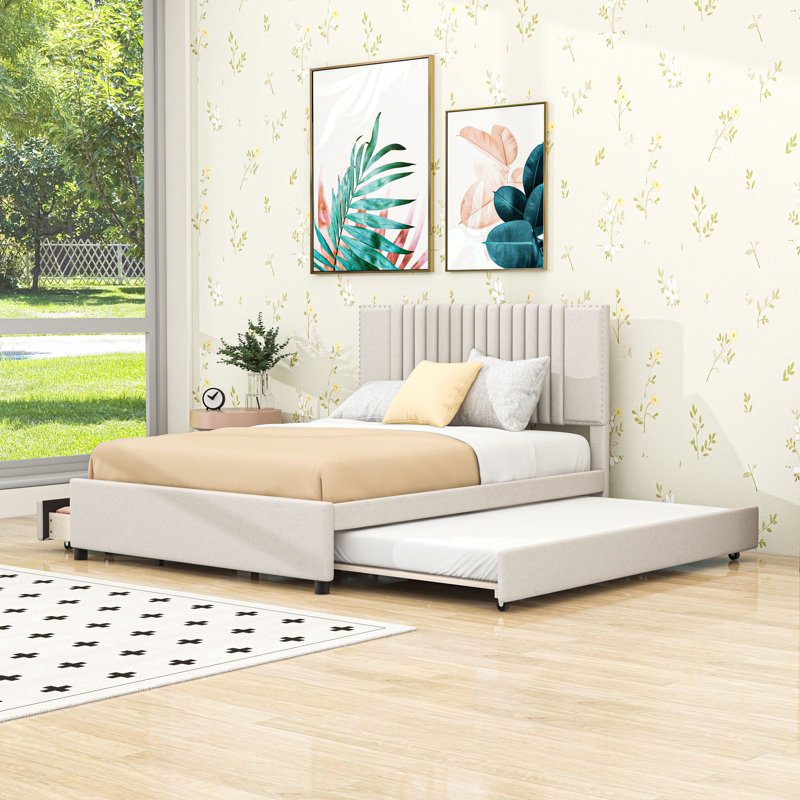Lit plateforme double tapissier 2 tiroirs avec lit gigogne simple et tête de lit, Beige