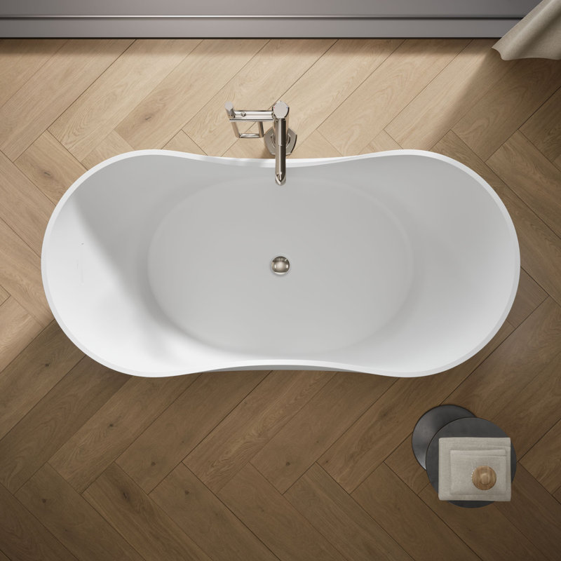 Abrazo® 66-in X 32-in Freestanding Bath with Center Toe-Tap Drain, Honed White