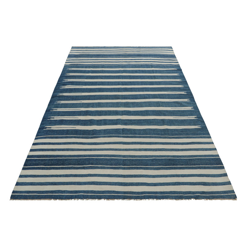 Rug & Kilim’S Contemporary Dhurrie Rug With Blue And Off-White Geometric Stripes