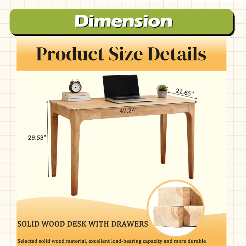 Bureau en bois massif avec tiroirs, bureau debout avec bords lisses, bureau à domicile pour petits espaces