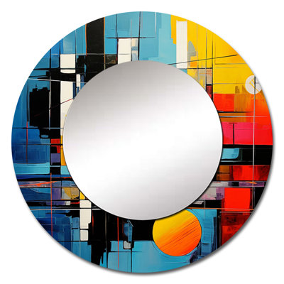 Blue Orange Mid Century Abstract Reflections II - Abstract Collages Round Mirror For Wall Decor