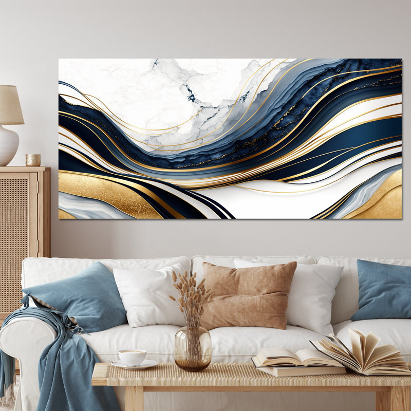 «Abstract Geode Waves Blue and Gold III», reproduction sur toile abstraite, Toile tendue, H 28 po x l 60 po x P 1,5 po