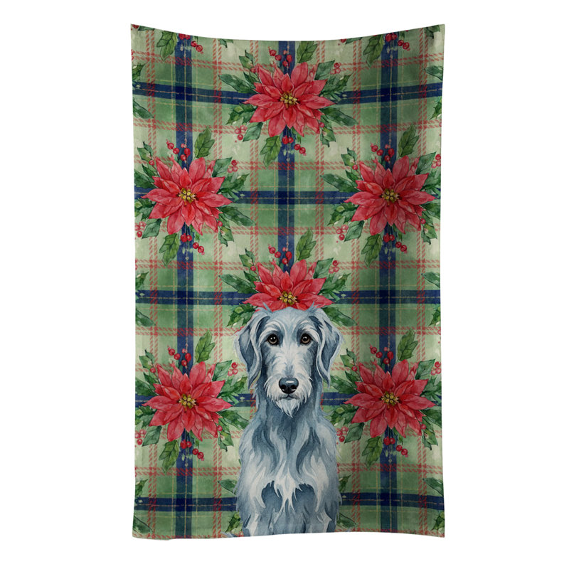 Blue-Gray Scottish Deerhound Christmas PoinsettIas Kitchen Towel, Blue-Gray Scottish Deerhound