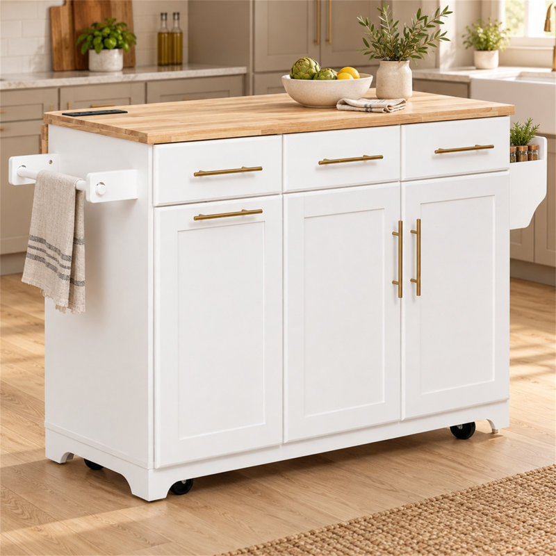 Îlot de cuisine à roulettes de 150,6 cm (59,3 pouces) avec plateau rabattable en bois d'hévéa, rangement coulissant et poubelle intégrée, blanc