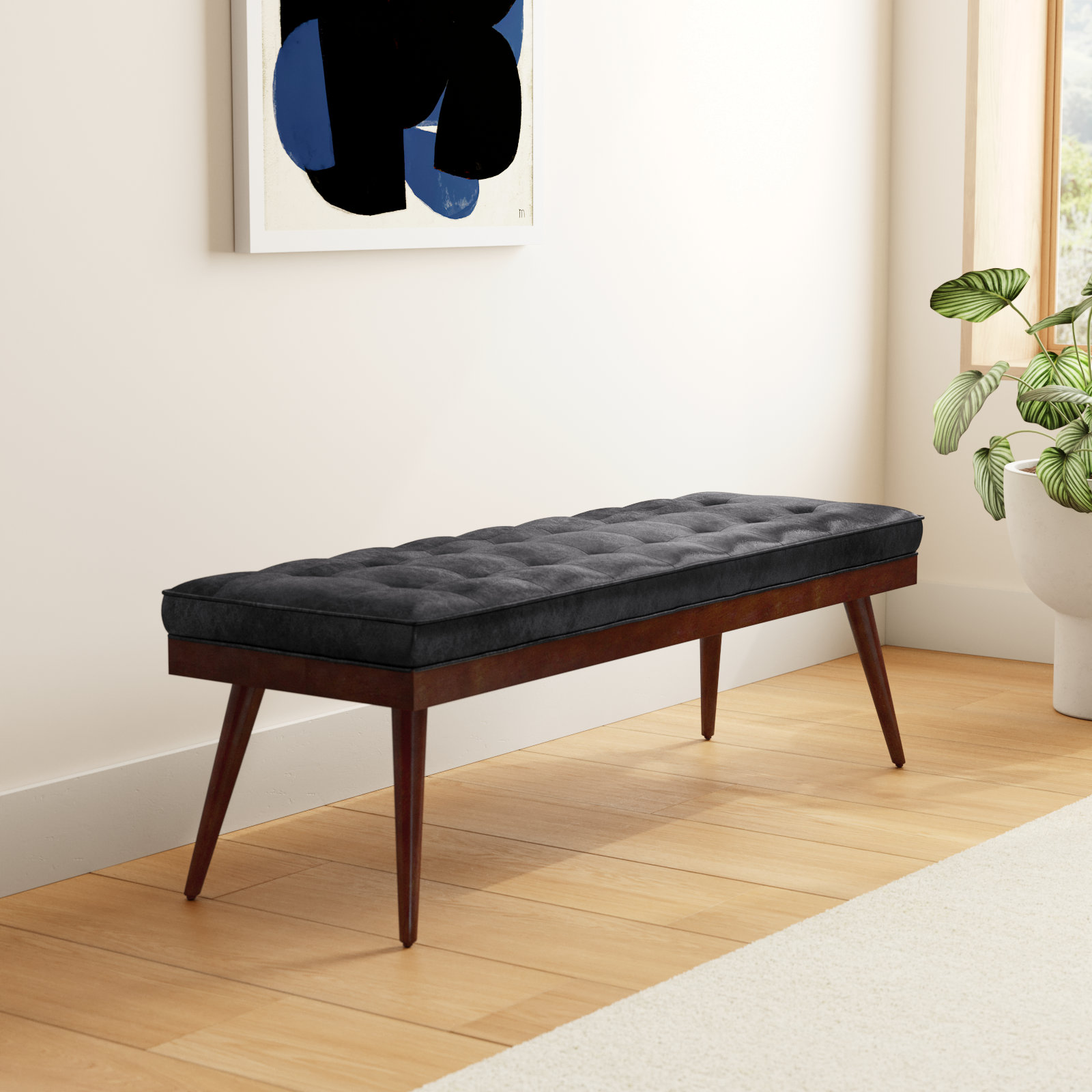 Luca 55" Genuine Leather Entryway Bench, Onyx Black