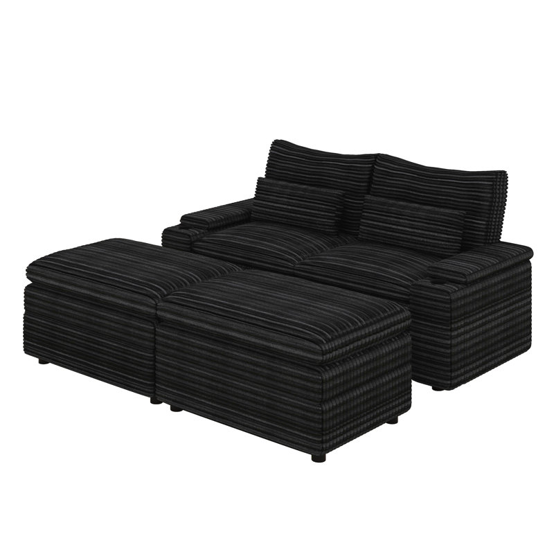 Canapé modulaire 70,9 po avec 2 repose-pieds, confortable canapé rembourré en velours côtelé avec quatre ports USB et deux porte-gobelets, rangement pour accoudoirs