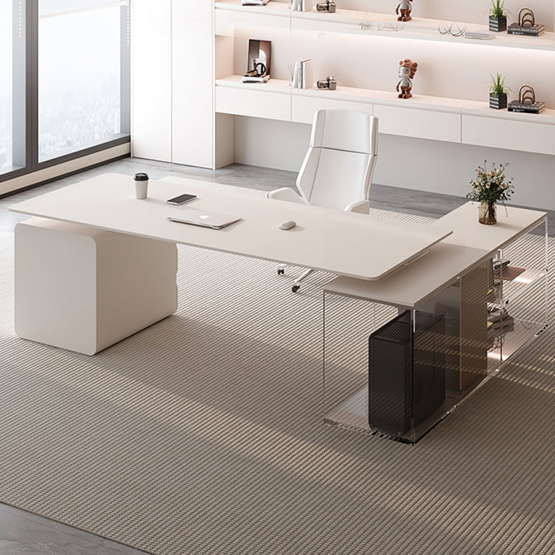 Sintered Stone L-Shaped Desk with Acrylic Storage Cabinet, 29.53" H x 78.74" W x 62.99" D