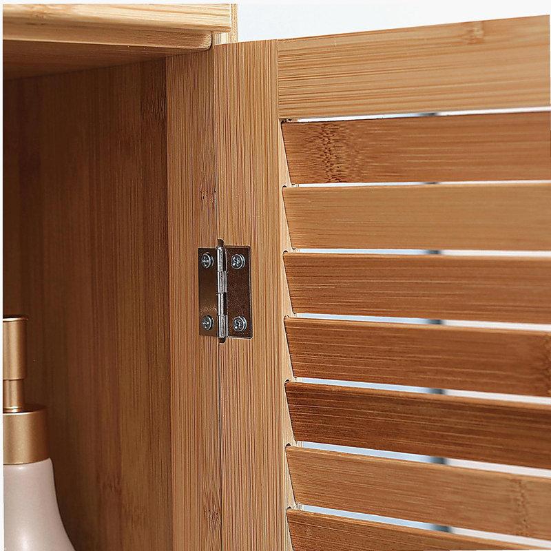 Armoire de salle de bain haute avec tiroir et tablettes à lattes, tour en lin de bambou mince avec porte à persiennes