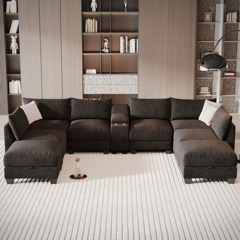 Amold 136.2'' U-Shaped Sectional Sofa, 8-Seater Modular Couch, Comfy Living Room Cloud Sofa With Ottoman And Console