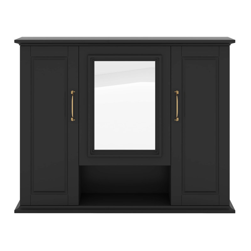 Armoire de rangement murale 36 po, armoire à pharmacie murale avec tablettes ouvertes, armoire à miroir avec 3 portes, Black