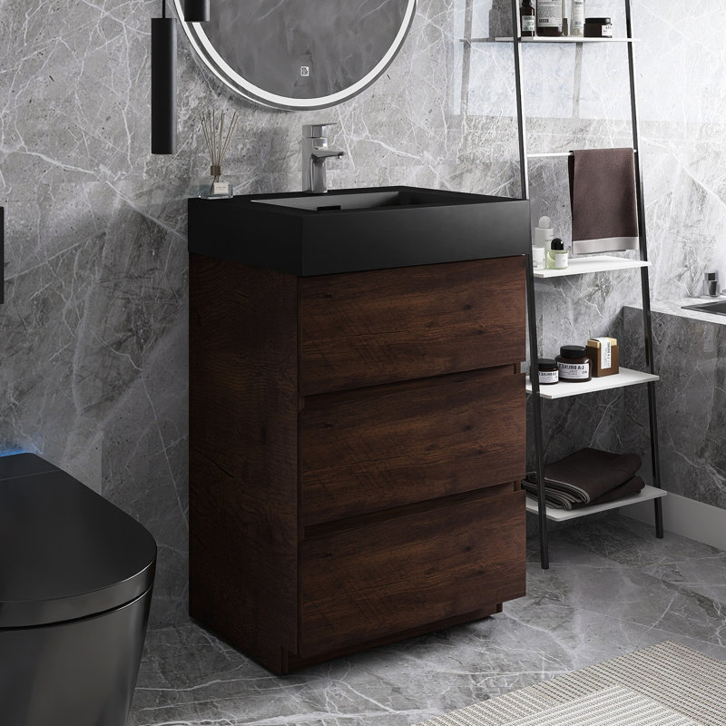 Meuble-lavabo simple autoportant 24 po avec plateau Caloway, Noyer, Noir