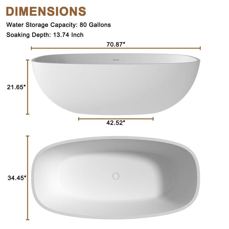 Monaco 71" x 34" Freestanding Soaking Solid Surface Bathtub with Black Bath Pollow